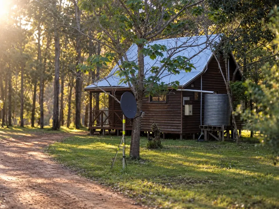A timber chalet beside the driveway among tall trees, morning sun through the forest