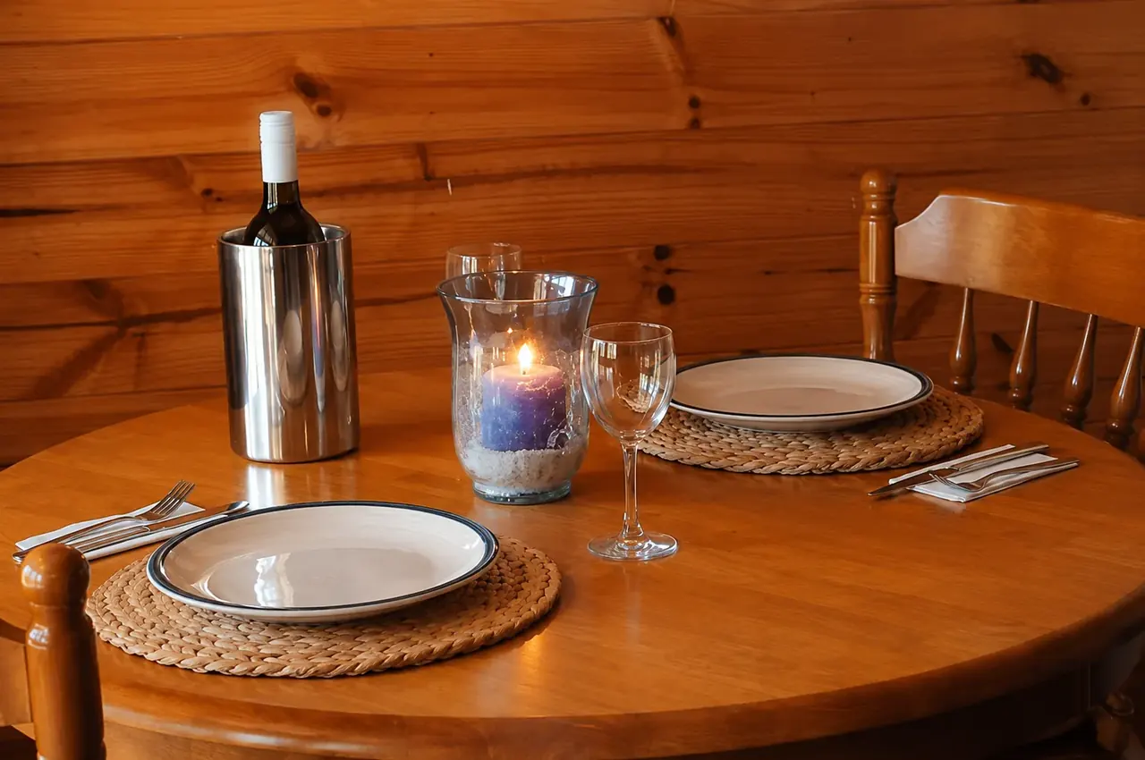The dining table set with wine and candlelight against the timber wall