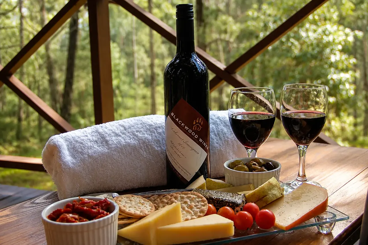 A cheese platter with Blackwood Wines cabernet and two glasses of red wine on a chalet verandah, forest beyond
