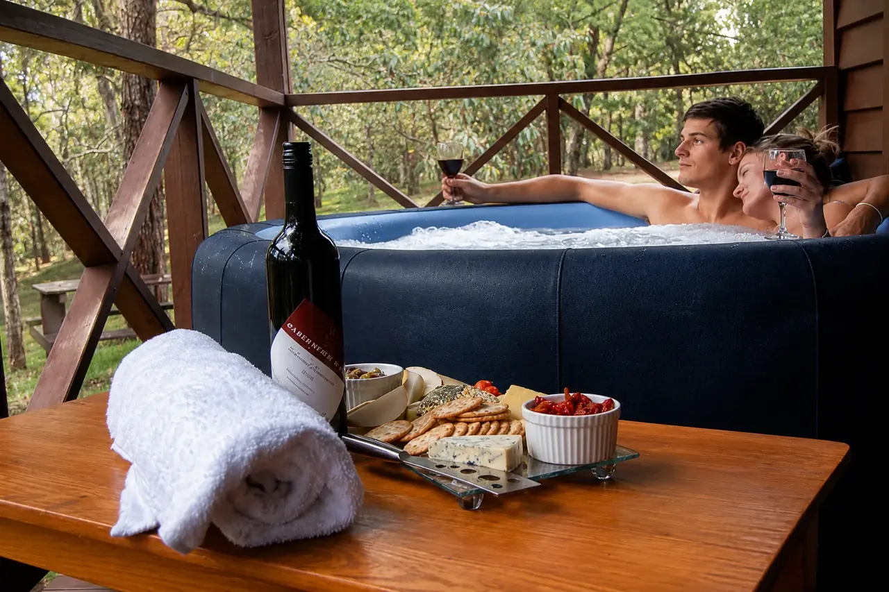 A couple relaxing with wine in the private outdoor spa on a chalet verandah, a cheese platter on the table and forest behind