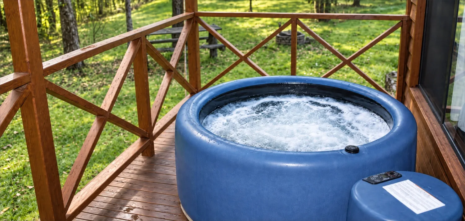 The private heated spa bubbling on the timber verandah, green forest beyond