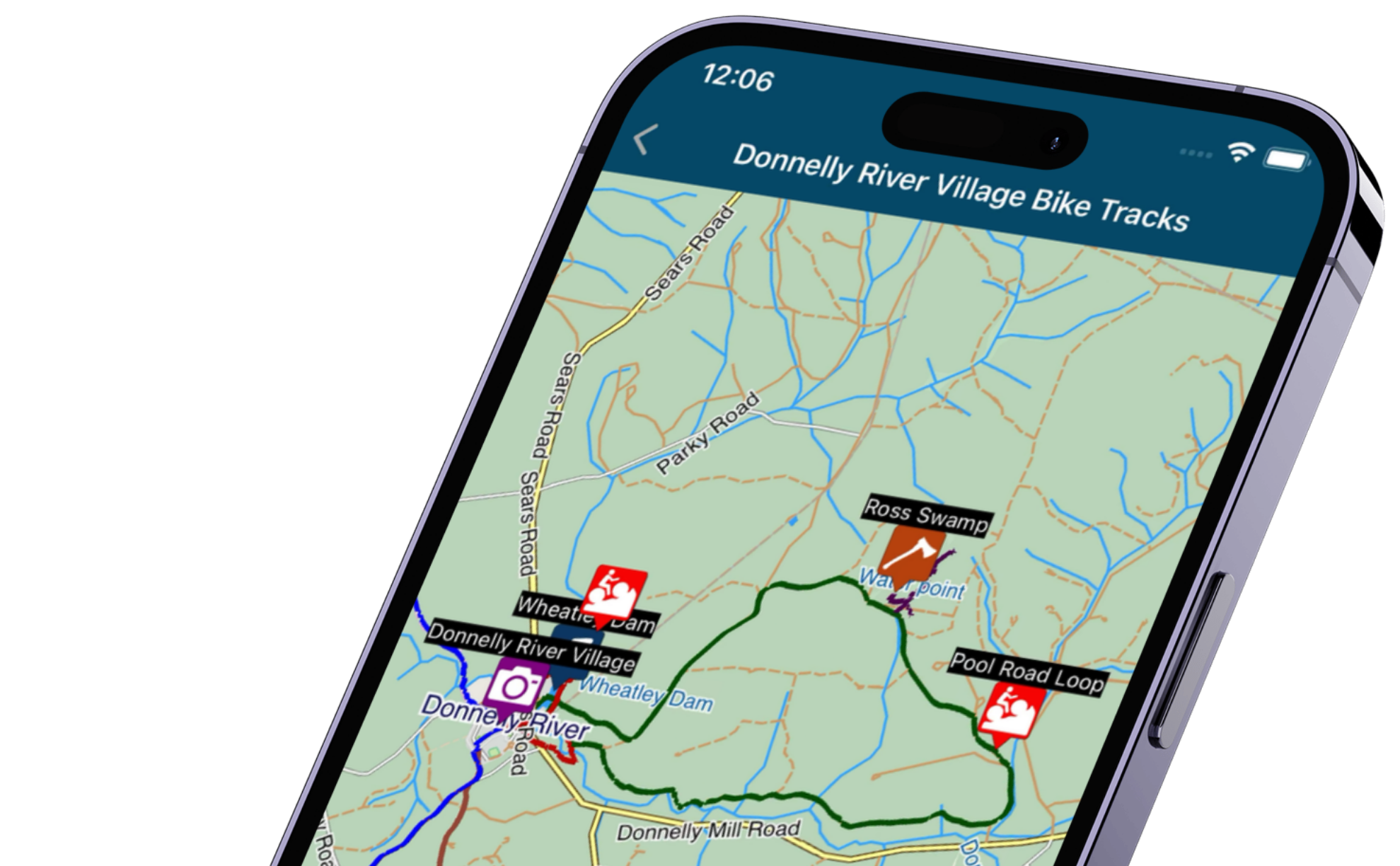 The free Experience Nannup app showing local bike-trail maps around Nannup