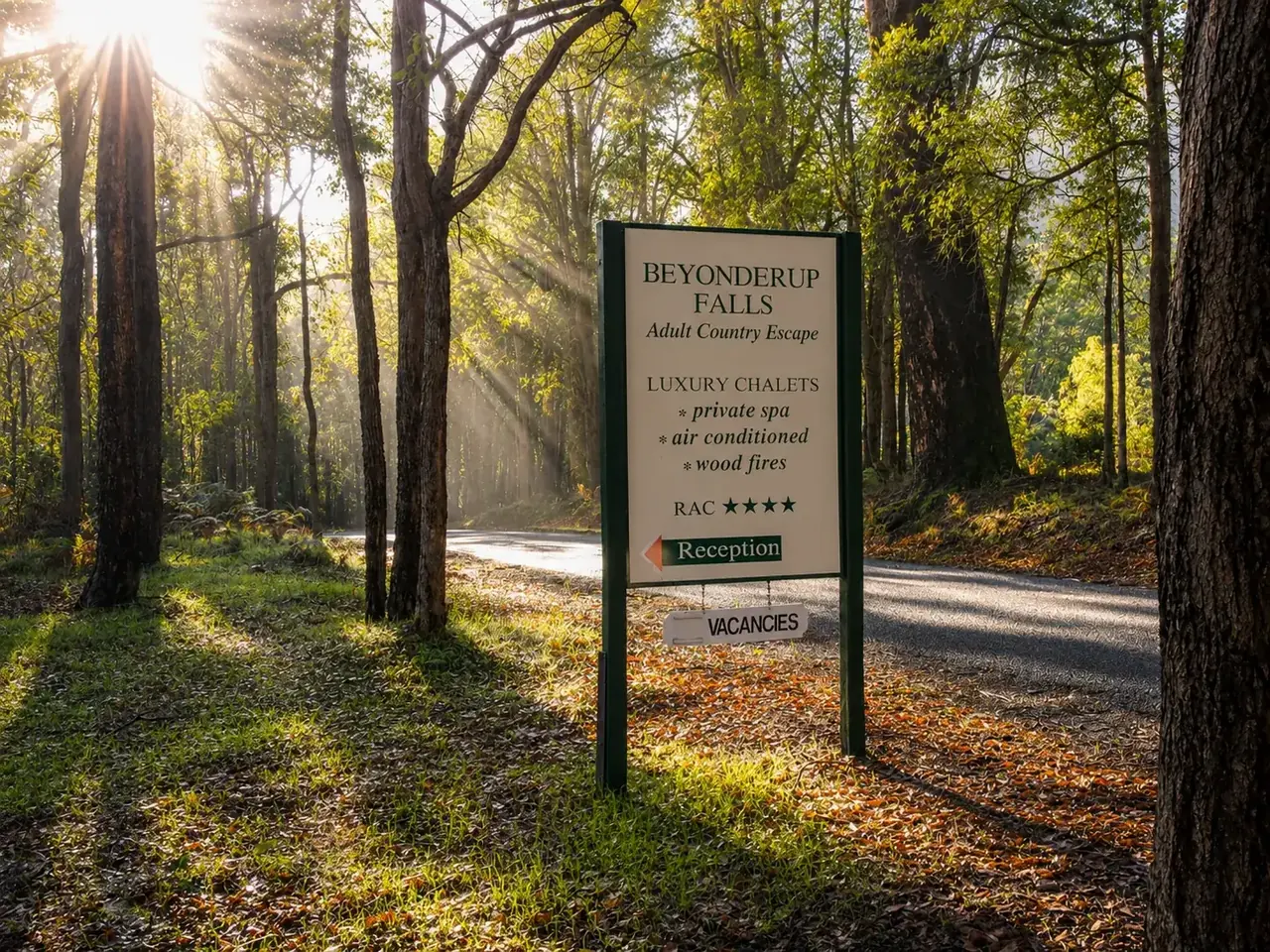 The Beyonderup Falls entrance sign among the trees, lit by morning sun