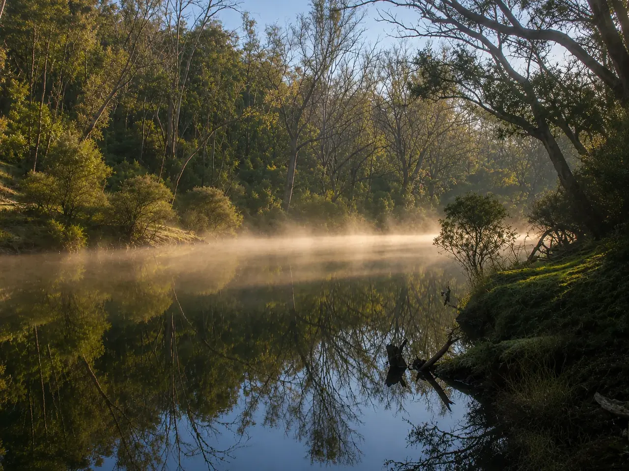 Dawn mist rising off the still Blackwood River, the far bank mirrored in the water