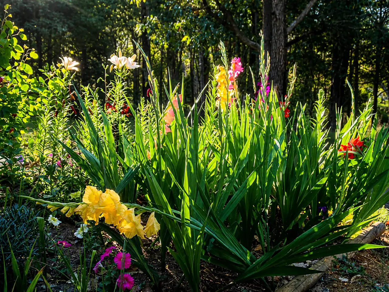 The cottage garden in bloom, gladioli and lilies backlit by afternoon sun