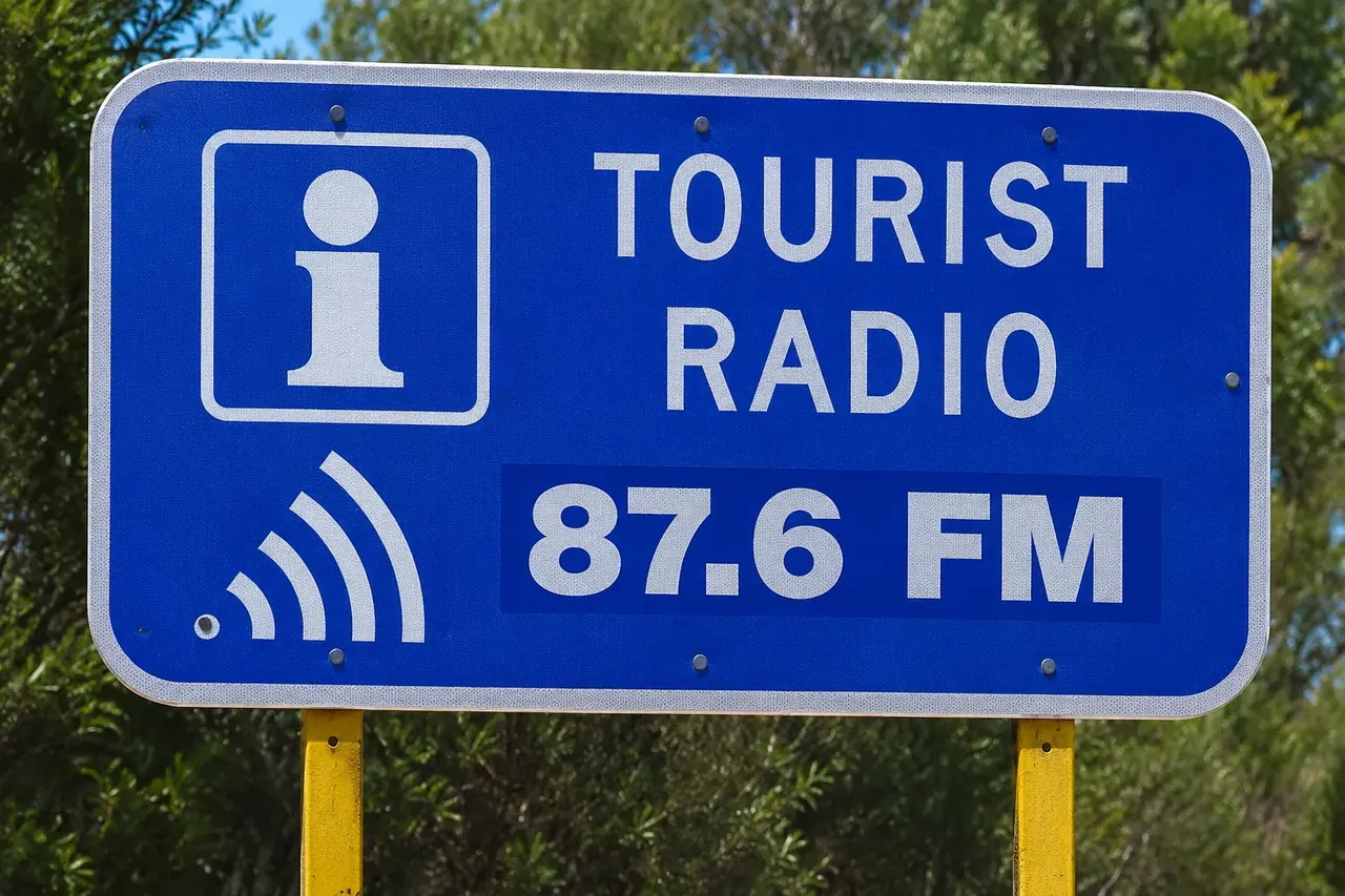 A roadside Tourist Radio 87.6 FM sign against the bush