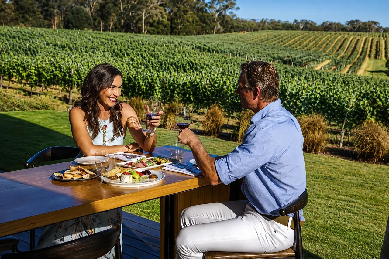 A couple sharing a plate and a glass of wine at a Blackwood Valley cellar door